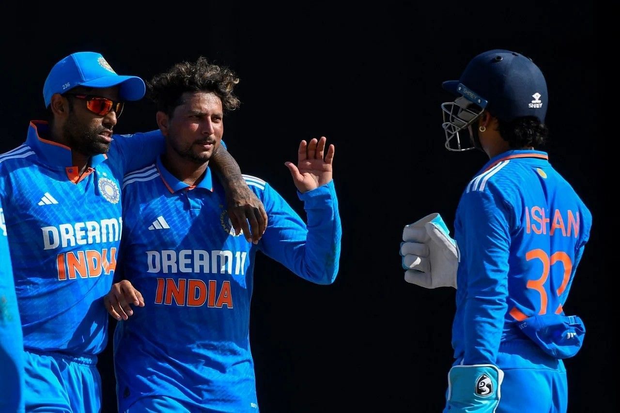 Kuldeep Yadav celebrating with his teammates [Getty Images]
