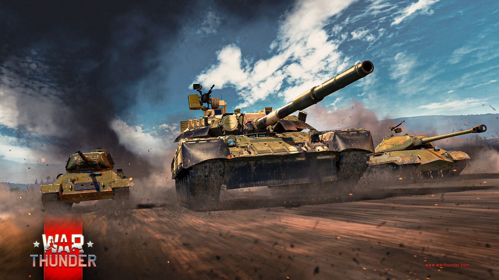 Three tanks travelling in speed in War Thunder.