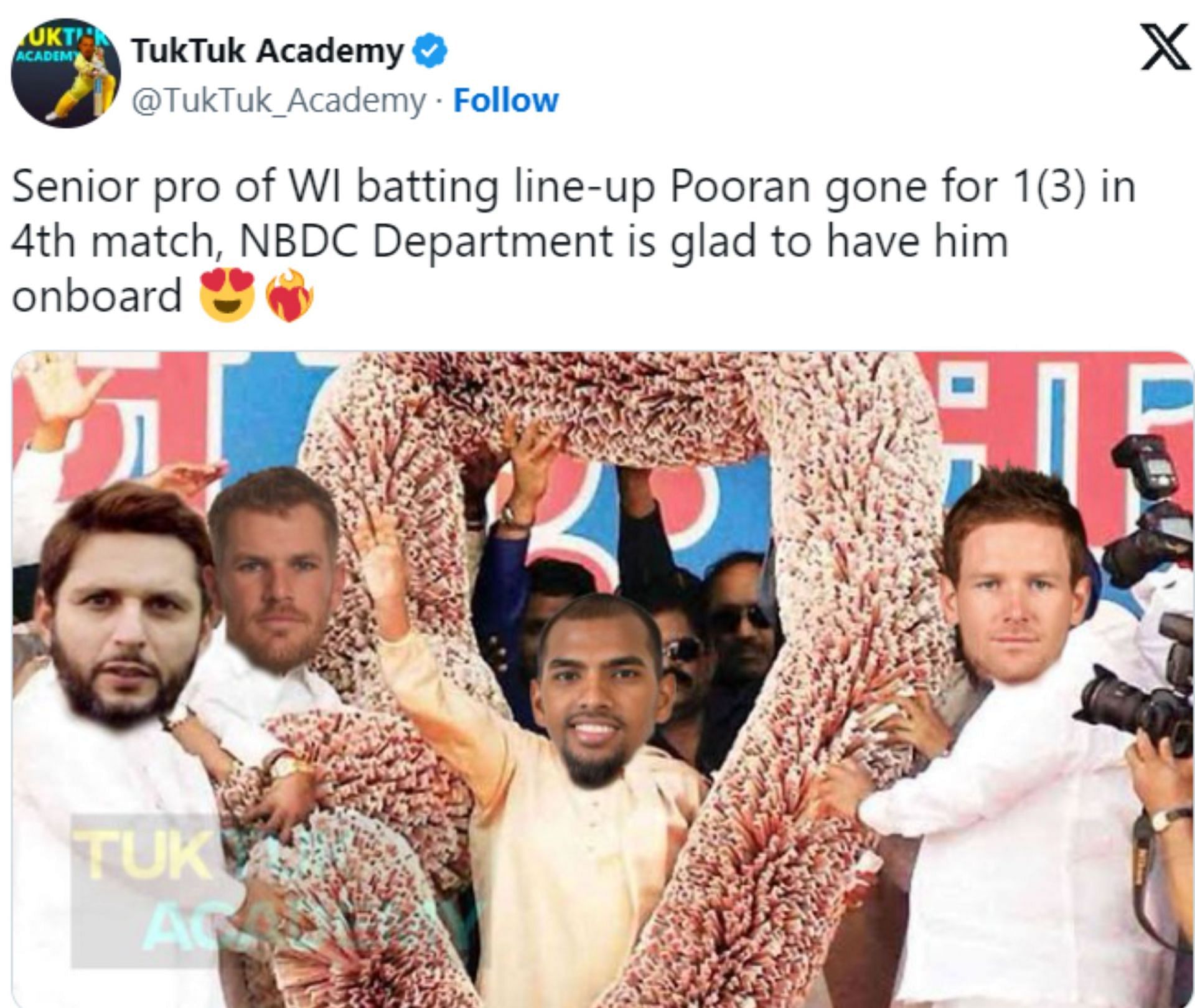 A meme on Pooran's batting failure in the 4th T20I against India on Saturday in Florida.