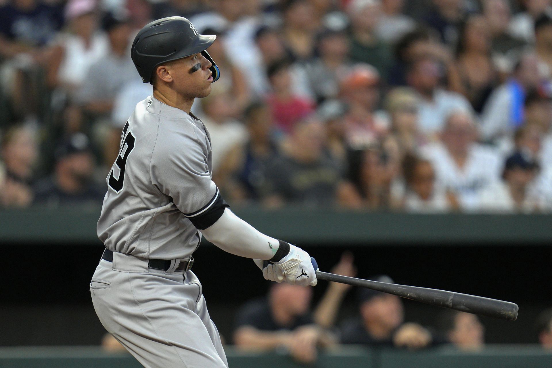 Aaron Judge #99 of the New York Yankees watches his ball as he hits a two run home run against the Baltimore Orioles during the third inning at Oriole Park at Camden Yards on July 29, 2023 in Baltimore, Maryland. (Photo by Jess Rapfogel/Getty Images)