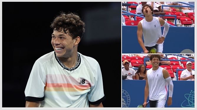 Hilarious scenes at Citi Open as Ben Shelton deliberately squirms in pain after Juncheng Shang kicks ball straight at him after losing a point