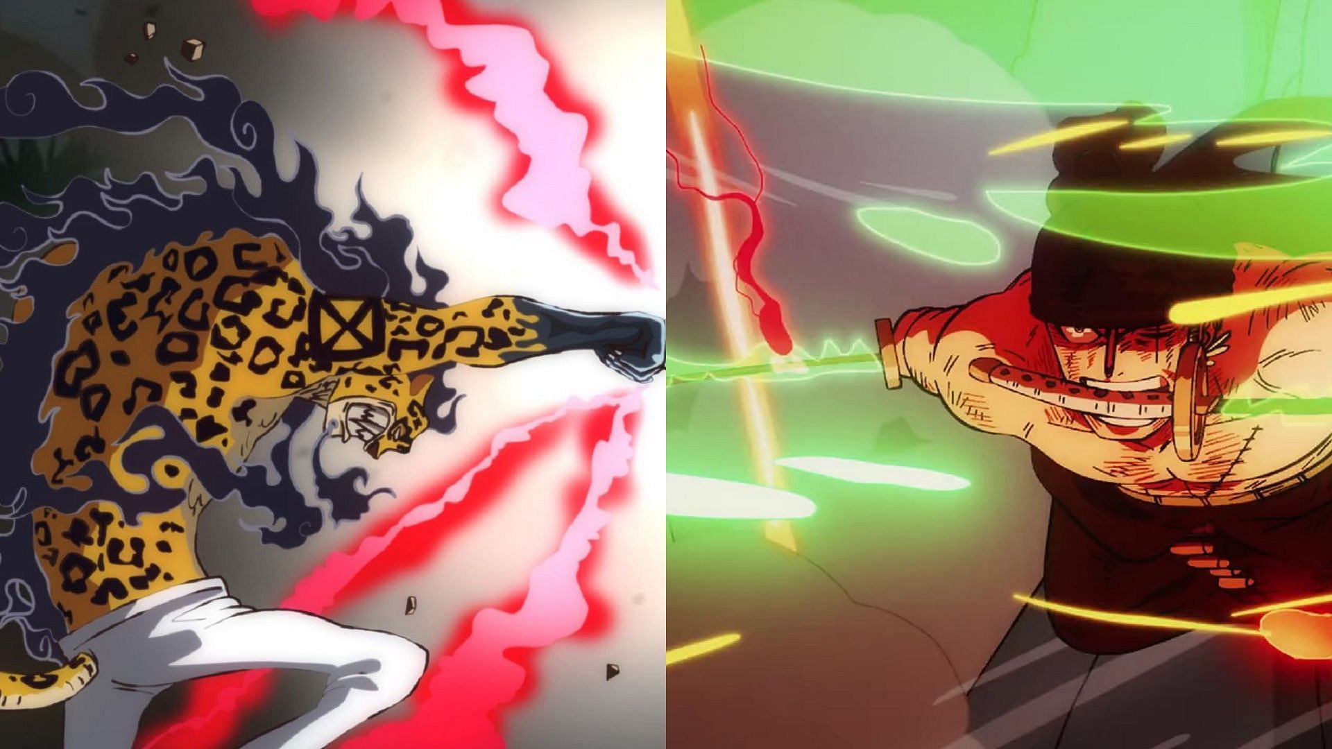 Lucci&#039;s Awakened Zoan vs Zoro&#039;s King of Hell Style (Image via Toei Animation, One Piece)