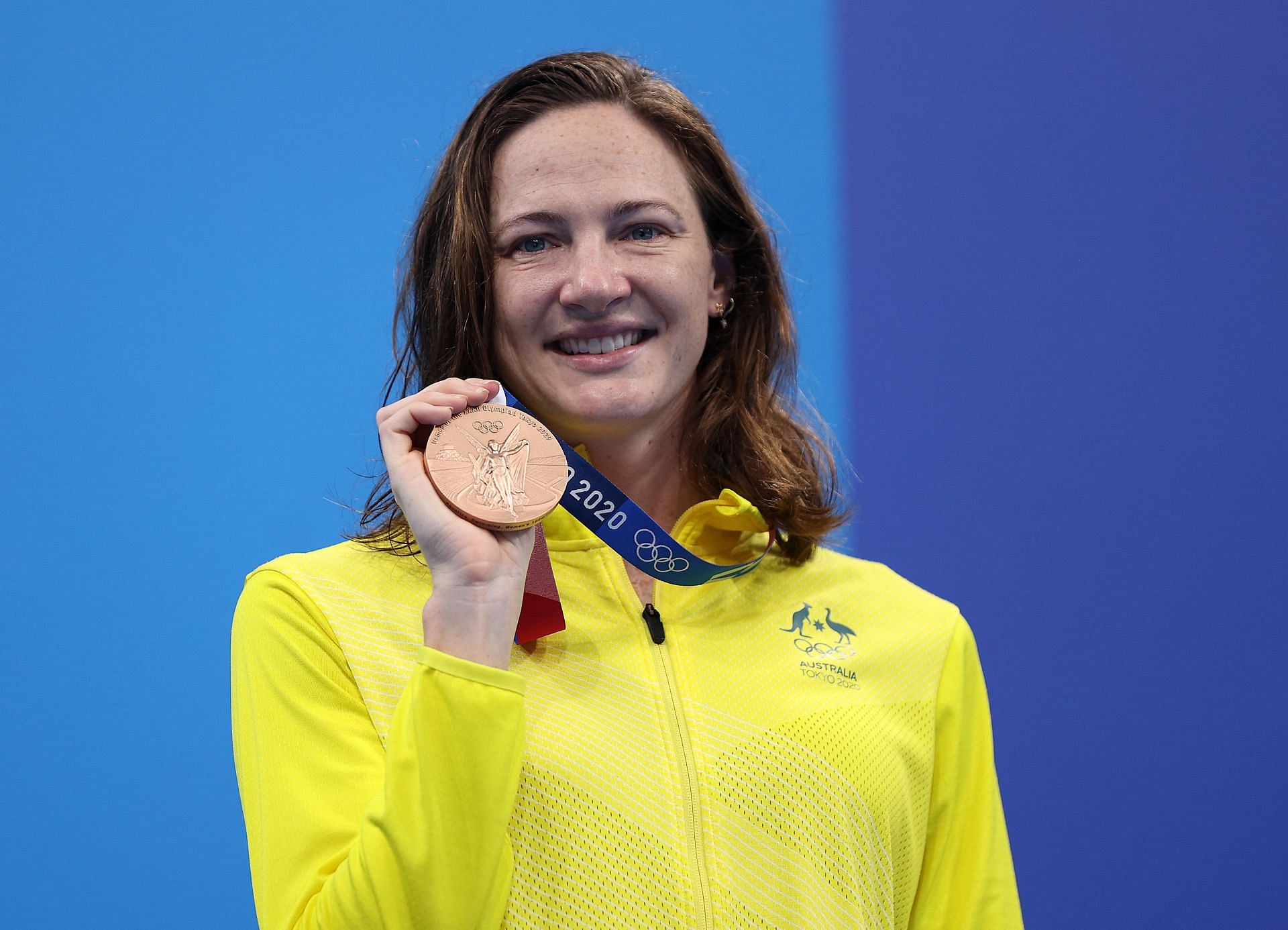 Bronze medalist Cate Campbell of Team Australia reacts on the podium during the medal ceremony for theWomen&#039;s 100m Freestyle Final on Day 7 of the Tokyo 2020 Olympic Games