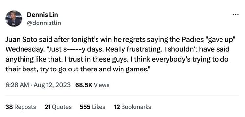 Juan Soto said after tonight's win he regrets saying the Padres "gave up" Wednesday. "Just s-----y days. Really frustrating. I shouldn't have said anything like that. I trust in these guys. I think everybody's trying to do their best, try to go out there and win games." - Dennis Lin