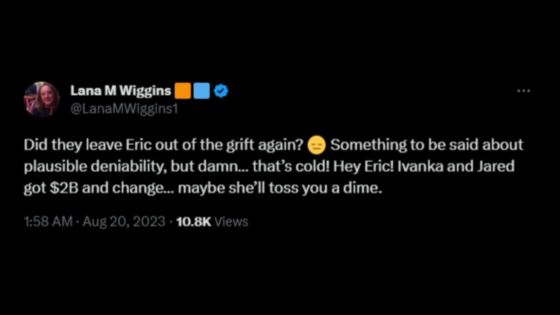 Screenshot of an X (formerly known as Twitter) user remarking on Eric&#039;s claims about the Trump family in the viral video clip. (Photo via @RonFilipkowski/X)