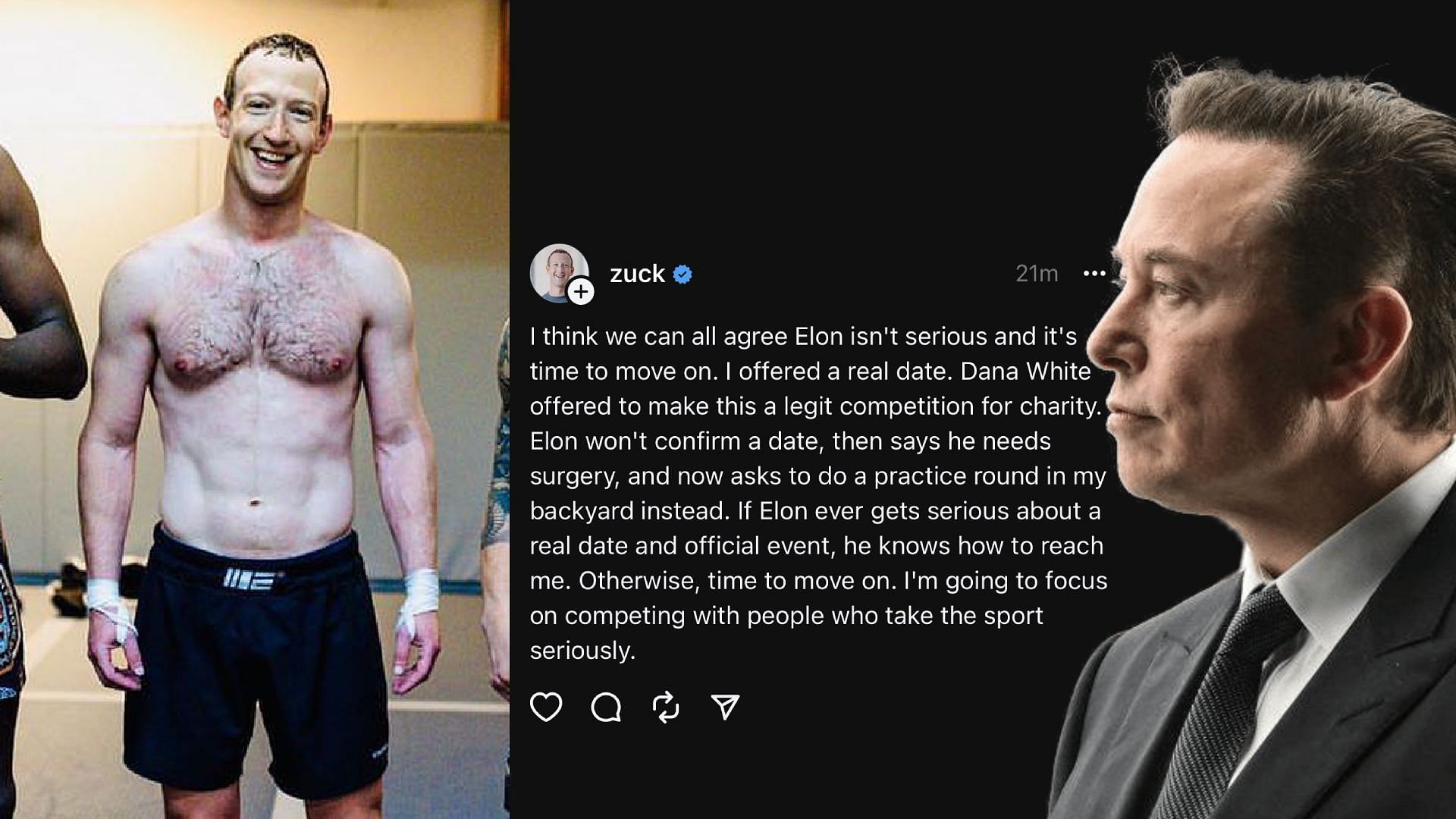 Zuckerberg calls out Musk for not taking their potential fight seriously (Image via zuck/Threads)