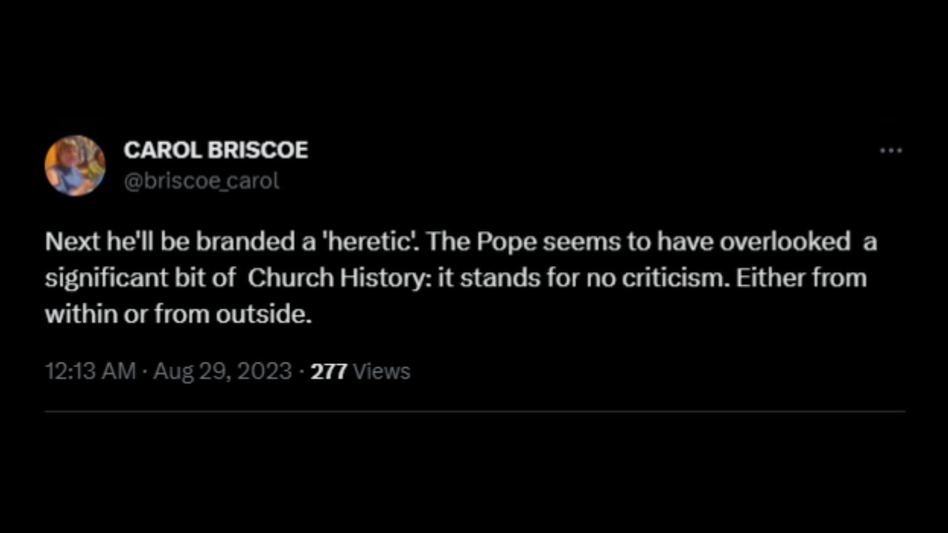 Screenshot of an X user remarking on Pope&#039;s remarks on US Catholics and bishops. (Photo @CraryAP/X)
