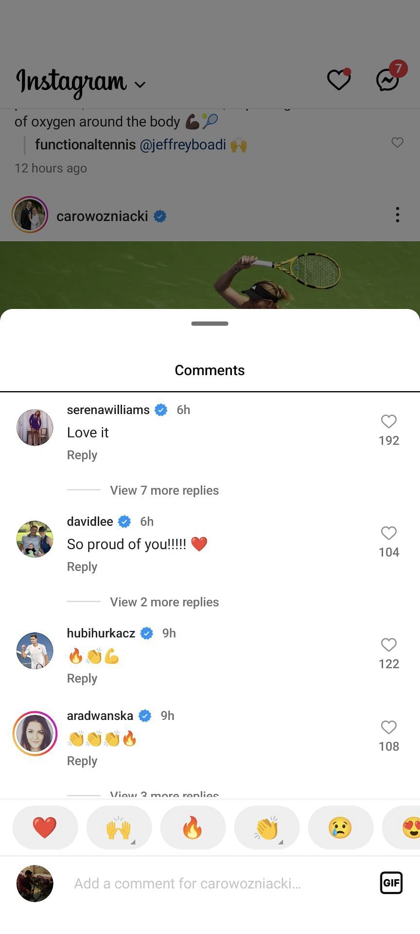 David Lee comments on Caroline Wozniacki&#039;s Instagram post.