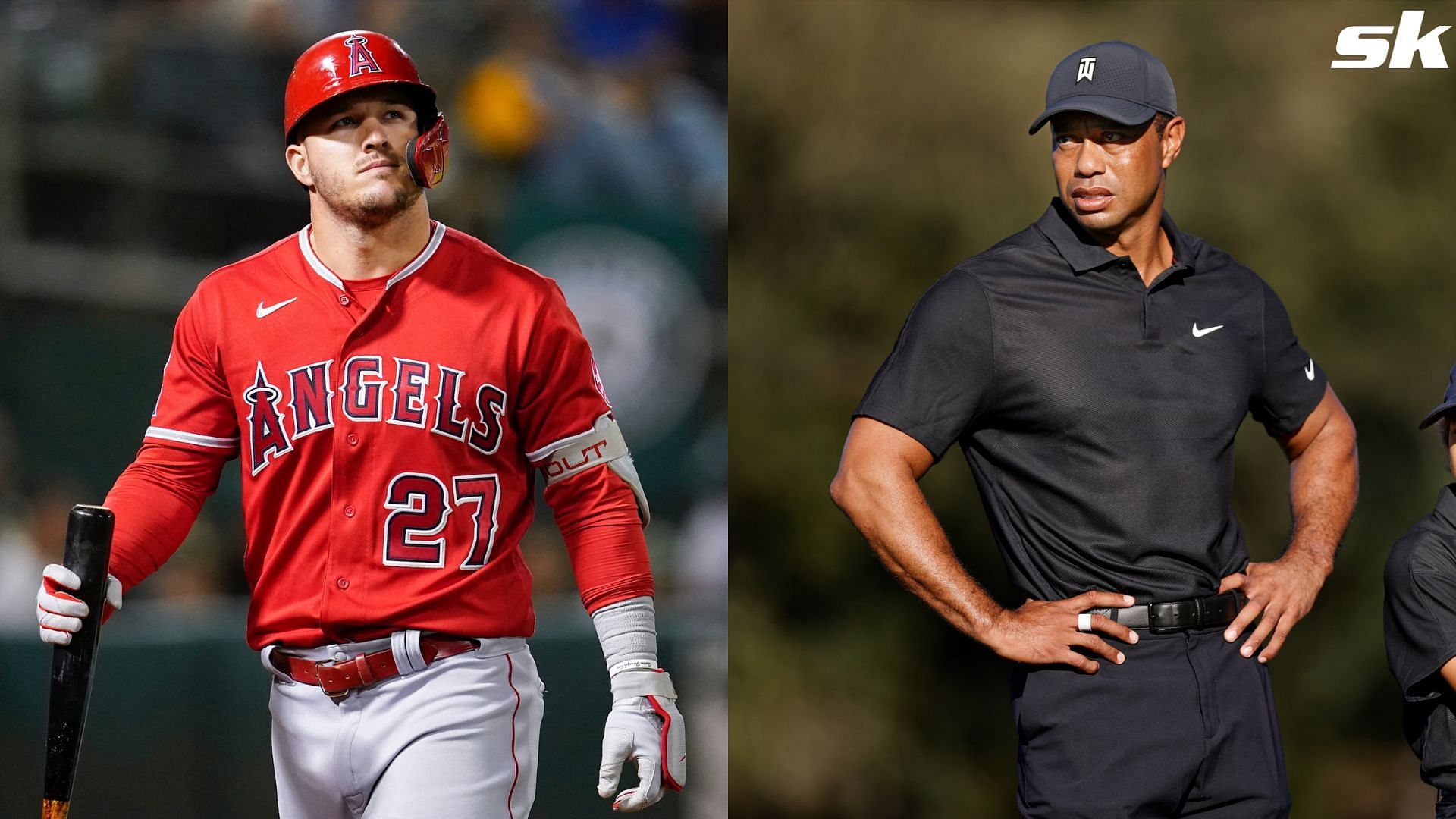 Mike Trout of the Los Angeles Angels and Tiger Woods