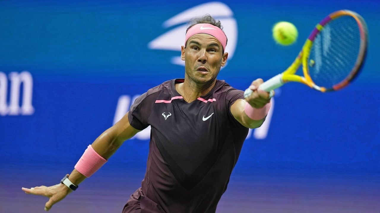 Rafael Nadal hits a forehand at the 2022 US Open