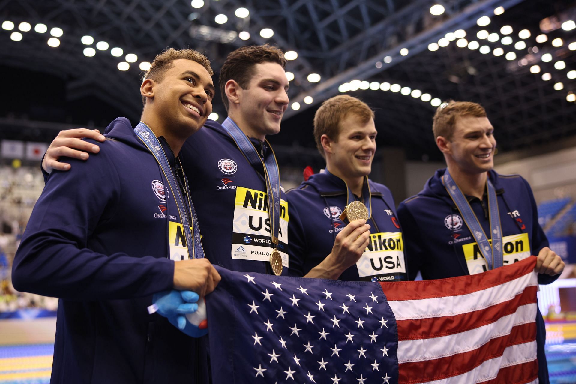 Dare Rose, Jack Alexy, Nic Fink and Ryan Murphy pose during the medal ceremony of Men's 4x100m Medley Relay at the 2023 World Aquatics Championship at Marine Messe Centre in Fukuoka, Japan