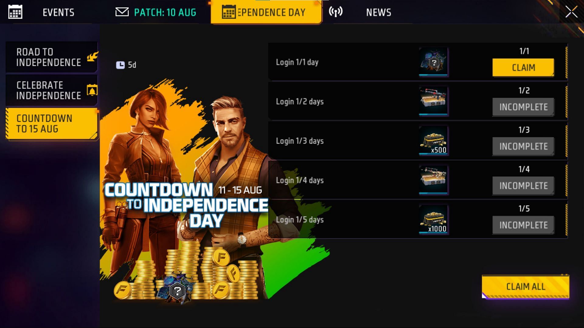 Countdown to 15 August event on the Indian server (Image via Garena)