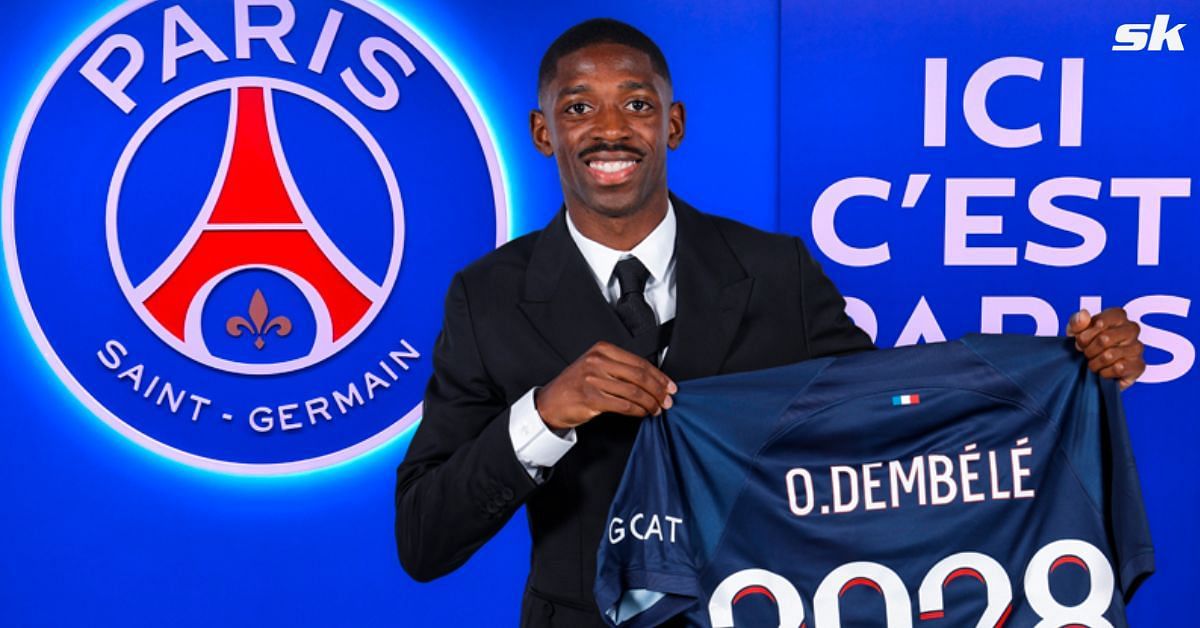 Kylian Mbappe welcomes Ousmane Dembele to PSG.