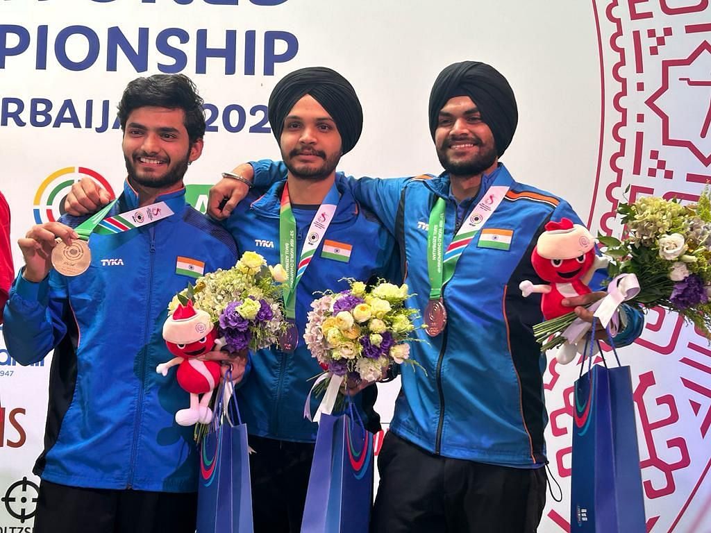 The trio of Shiva Narwal, Sarabjot Singh and Arjun Singh Cheema won team bronze with a combined score of 1734 points in Baku on Thursday. Photo credit: NRAI