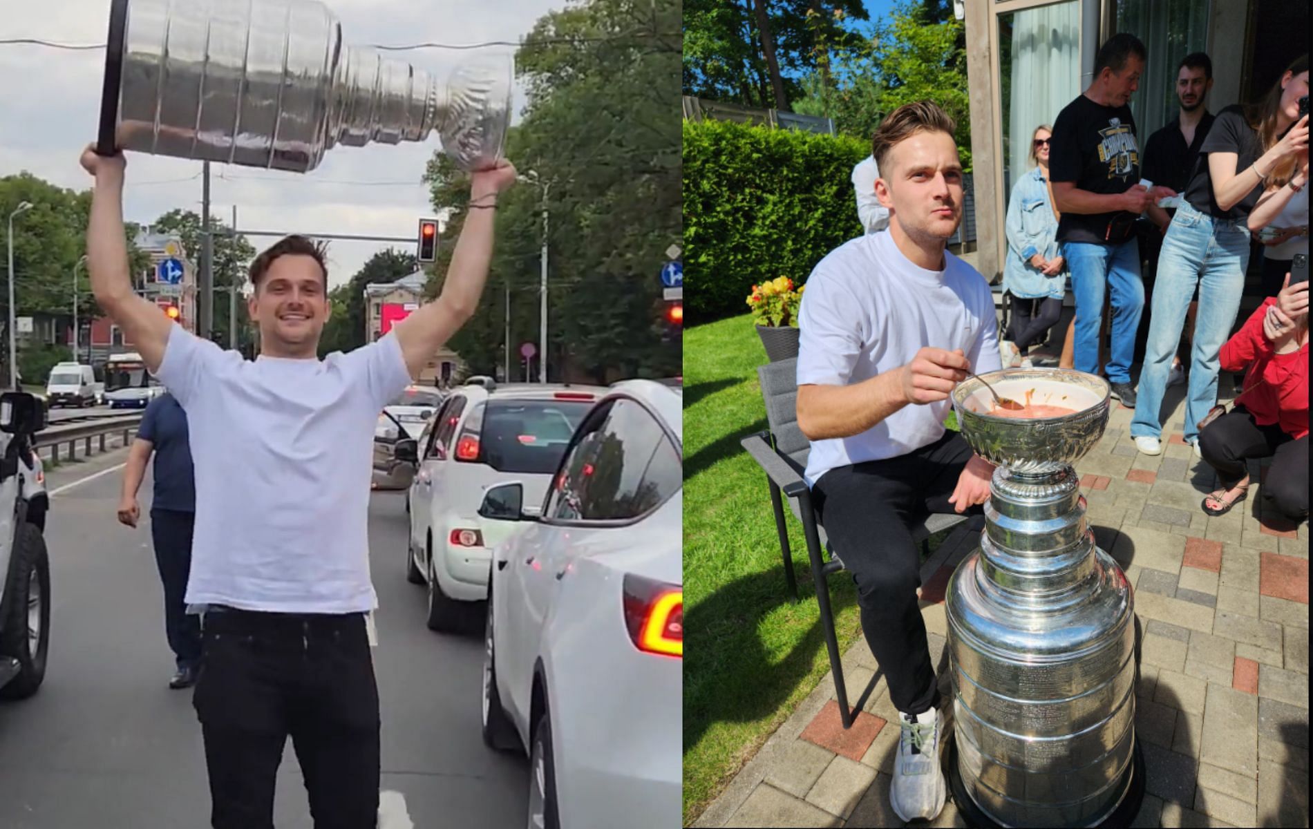 Stanley Cup stops Latvian traffic as Teddy Blueger celebrates