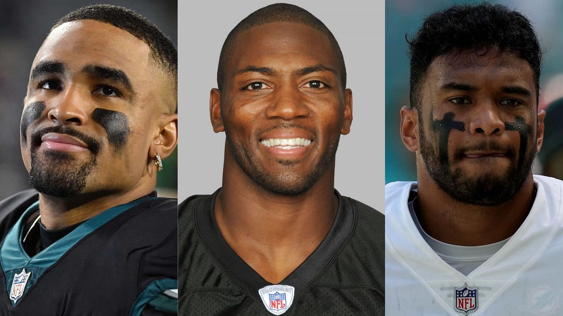 NFL analyst Ryan Clark (middle) called out the likes of Jalen Hurts (left) and Tua Tagovailoa (right) for declining to be featured on the Netflix sports documentary series &quot;Quarterback.&quot;