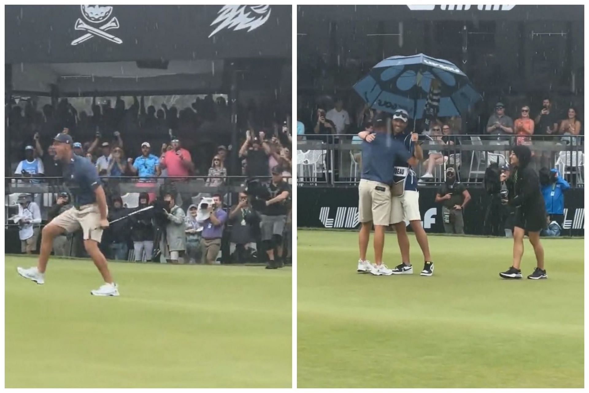 Bryson DeChambeau reacts after making a 40 foot putter on the final hole of the LIV Golf Greenbrier