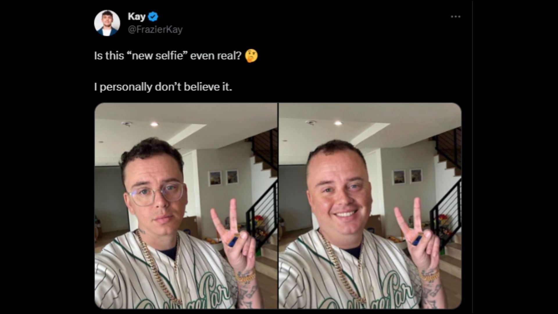 Screenshot of an X user pointing out Logic&#039;s new selfie being digitally altered. (Photo via @DramaAlert/X)
