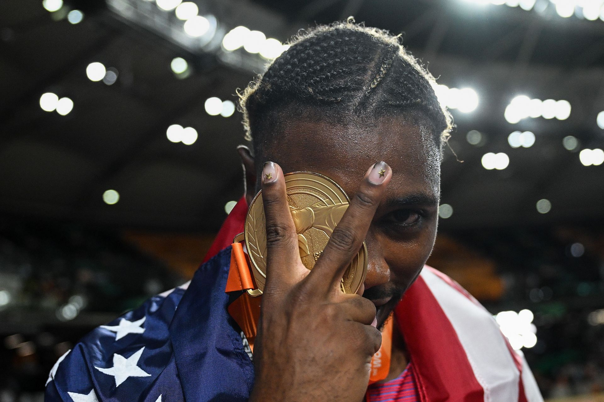 Noah Lyles after winning a gold medal in the men&#039;s 200m at the 2023 World Athletics Championships in Budapest