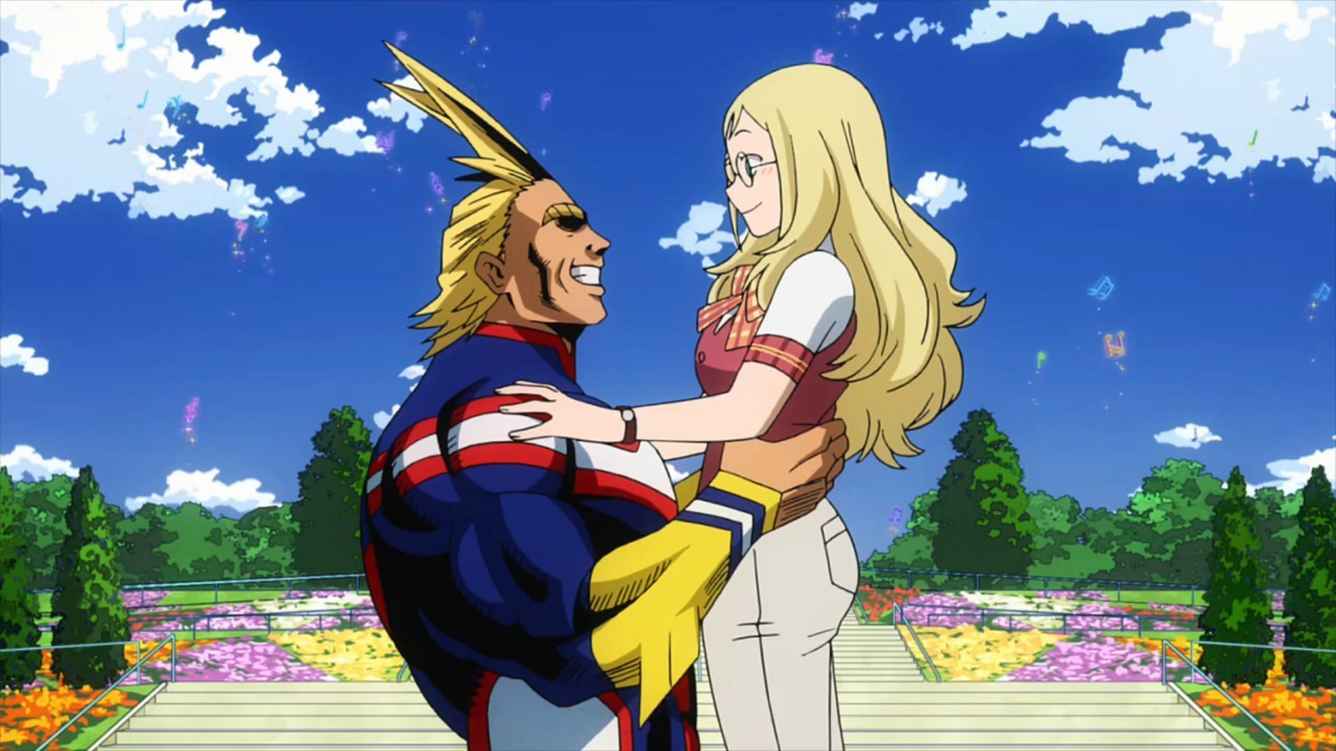 All Might (left) and Melissa Shields (right) as seen in the series&#039; anime films (Image via Studio BONES)
