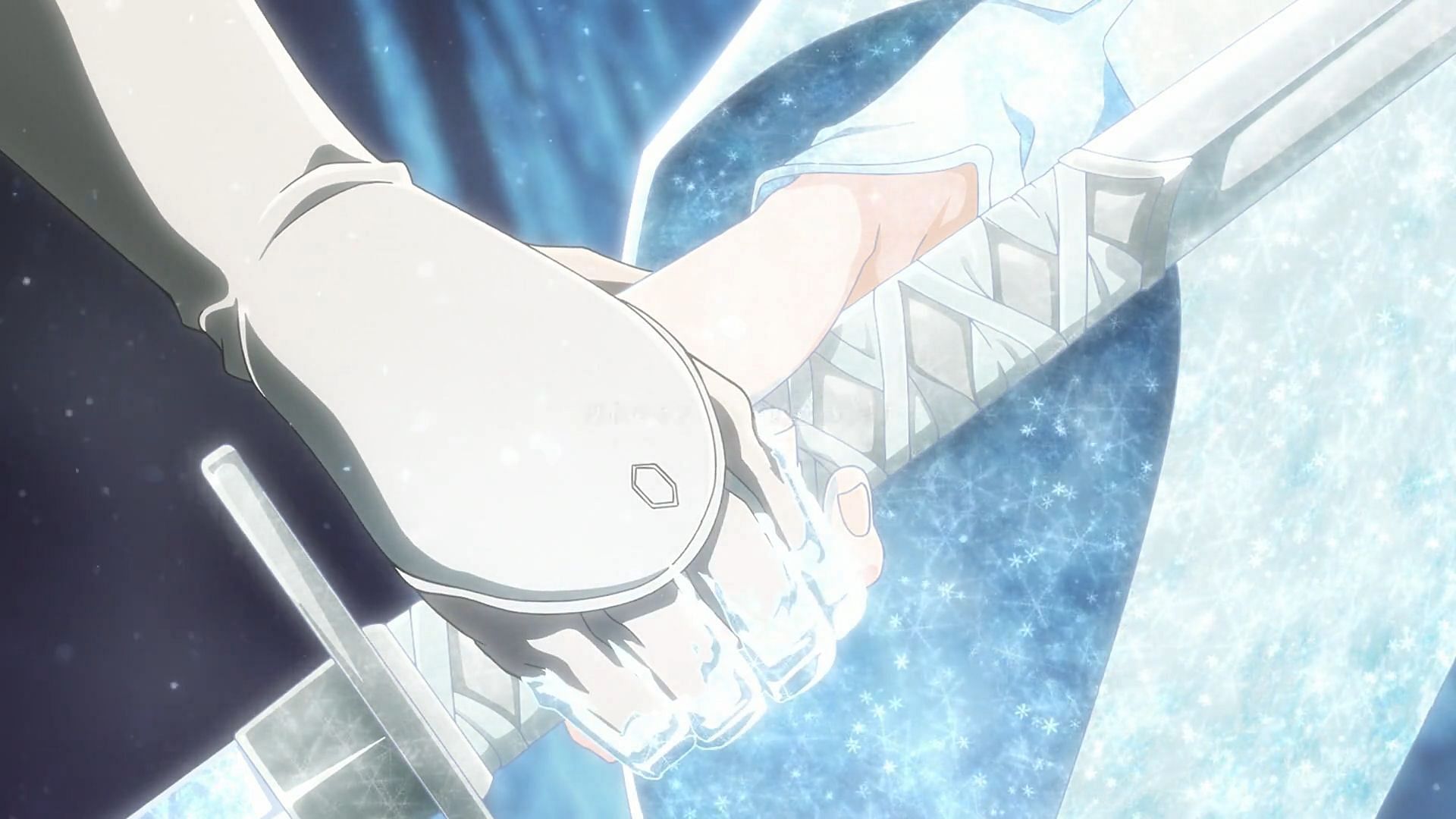 Byakuya Kuchiki holding Rukia Kuchiki&#039;s hand in Bleach TYBW (Image via Studio Pierrot)