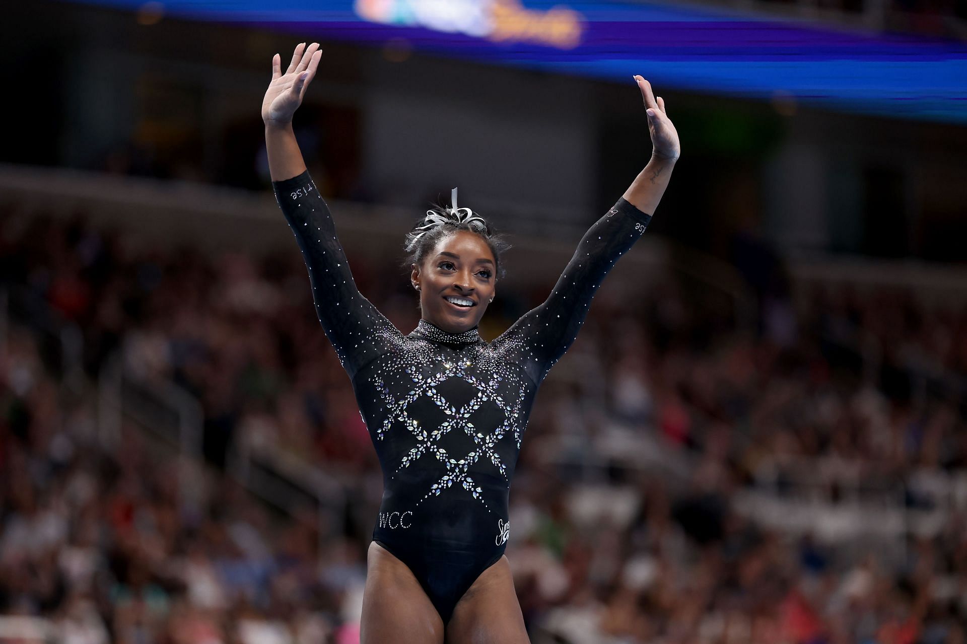 Simone Biles after competing in the floor exercise at the 2023 US Gymnastics Championships at SAP Centre in San Jose, California