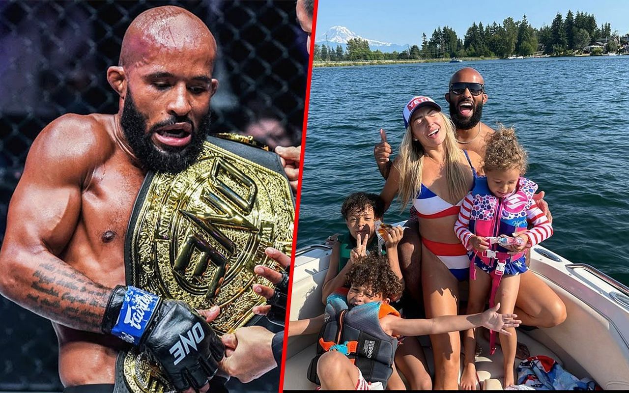 Demetrious Johnson holding the ONE Flyweight World Title (right) and a photo with his family (left)