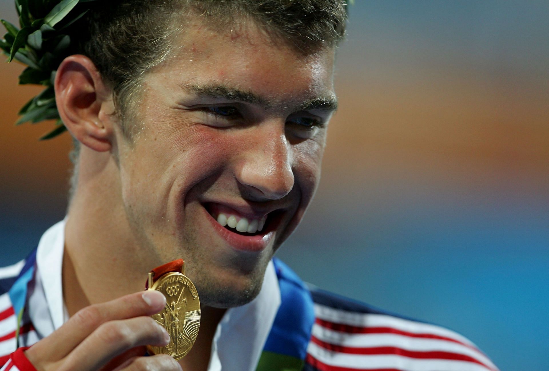 Michael Phelps after winning a gold medal in the Mens 200m Individual Medley at the Medal Ceremony at the 2004 Summer Olympics Games in Athens, Greece