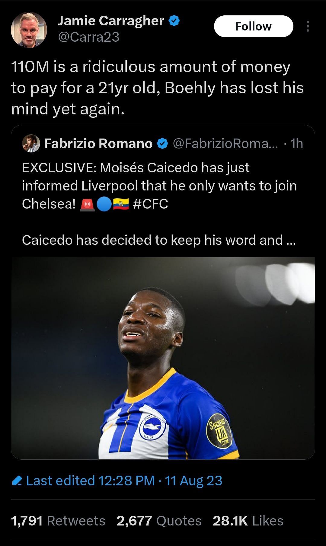 Pulled the UNO reverse card, FSG with a knockout blow to Boehly- Fans  react as Liverpool reportedly outbid Chelsea for Moises Caicedo