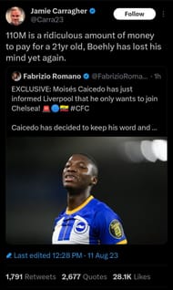 Jamie Carragher discusses Moises Caicedo transfer battle