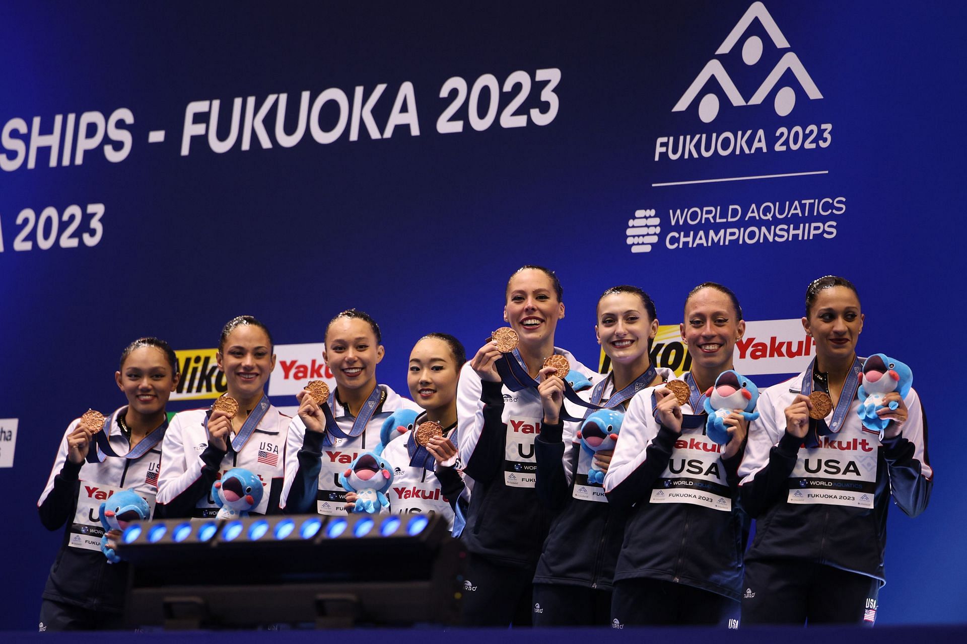 Team United States poses during the medal ceremony for the Artistic Swimming Team Technical Final at the 2023 World Aquatics Championships held at Marina Messe in Fukuoka, Japan