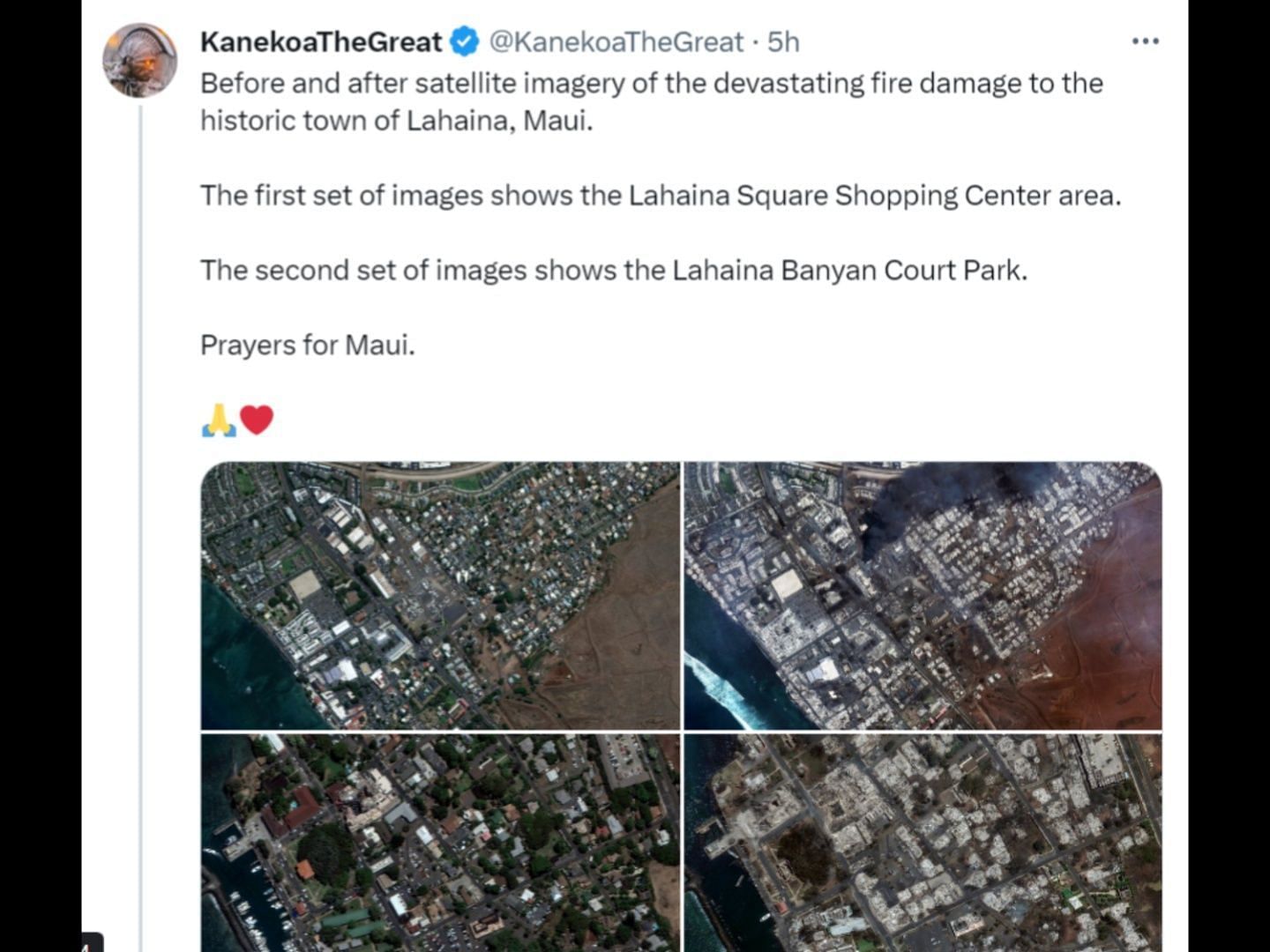 Satellite images of the damages in Maui. (Image via Twitter/@KanekoaTheGreat)