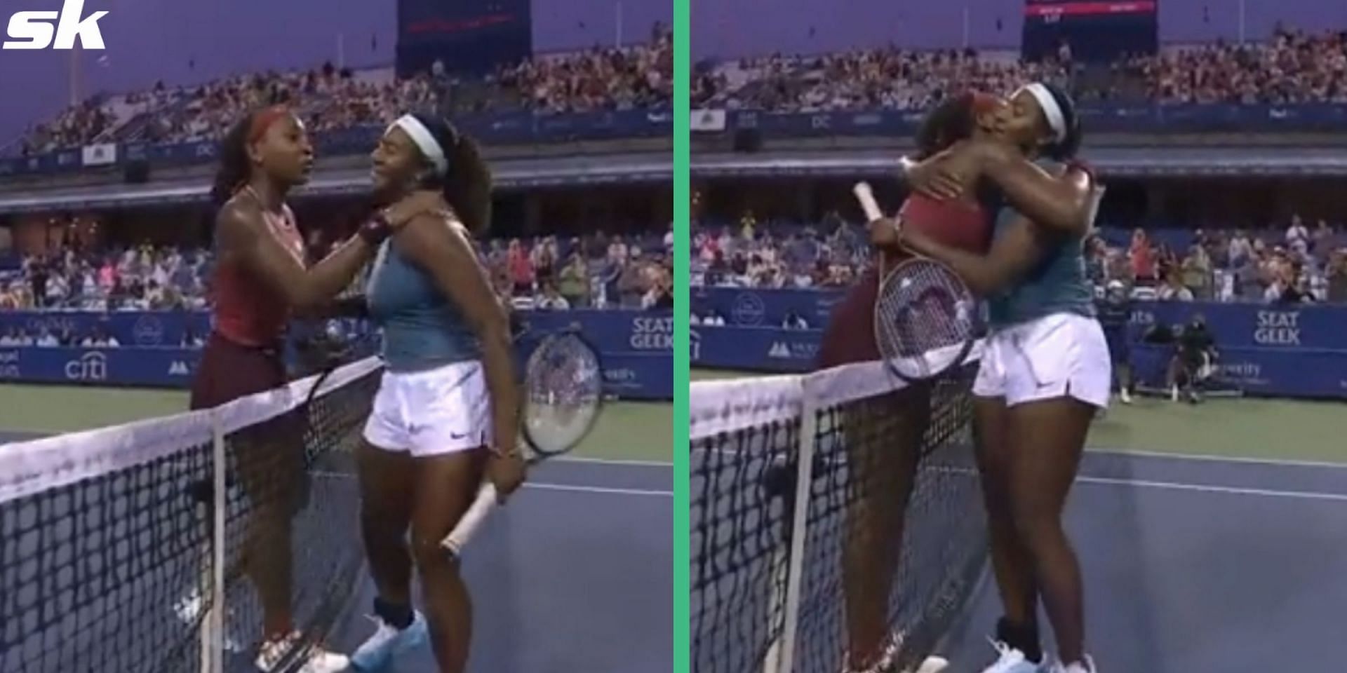 Coco Gauff and Hailey Baptite embrace at the net at Citi Open 2023