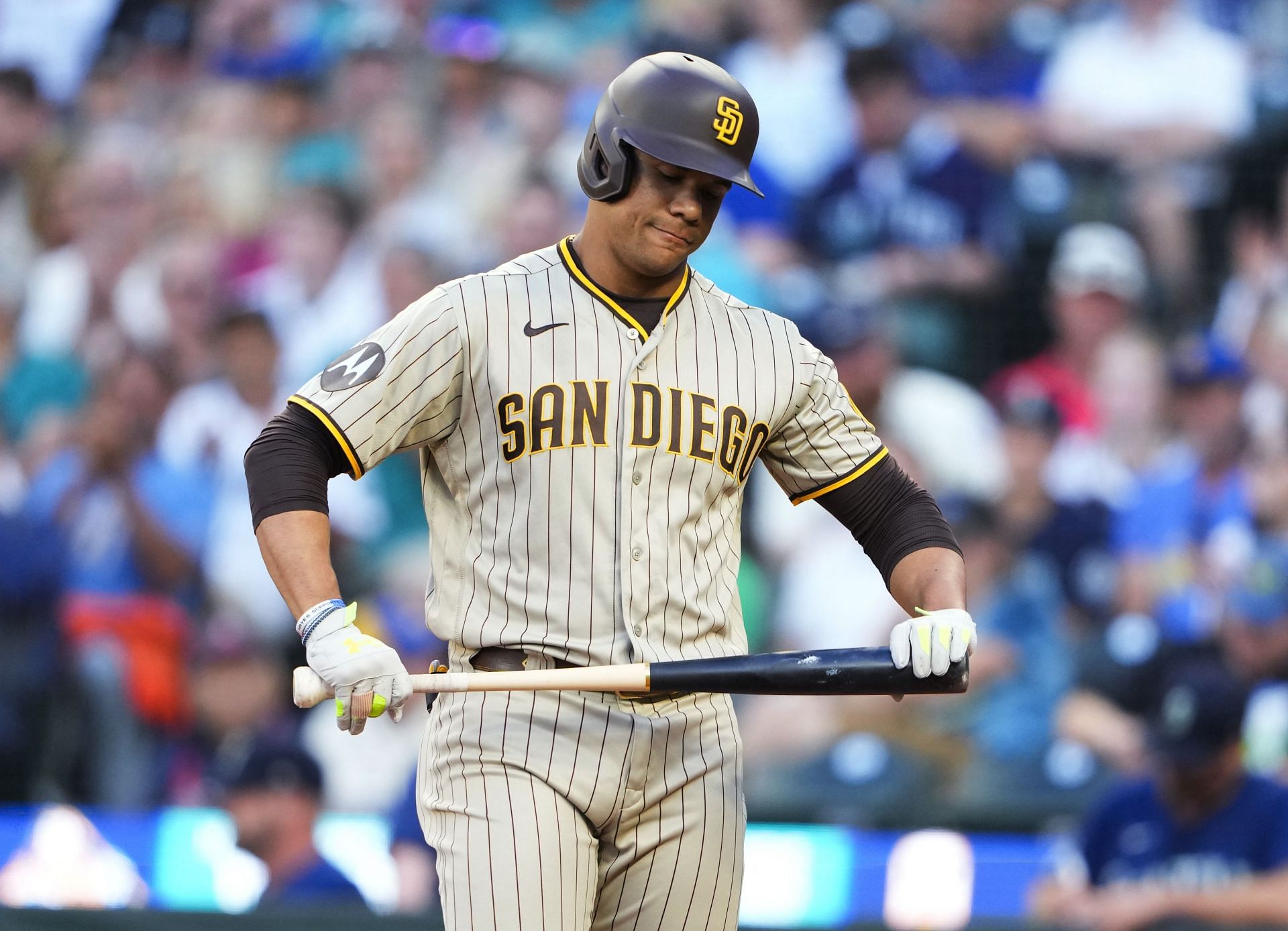 San Diego Padres&#039; Juan Soto holds his bat after striking out against the Seattle Mariners