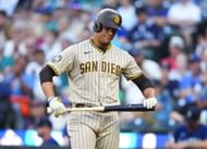 San Diego Padres' Juan Soto holds his bat after striking out against the Seattle Mariners