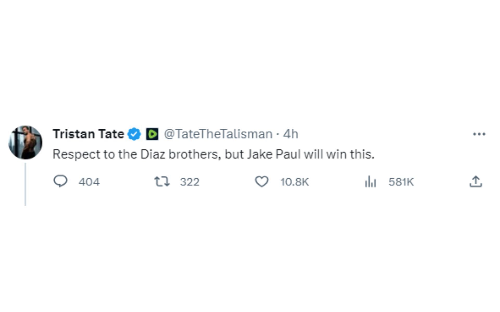 Tristan Tate&#039;s Tweet