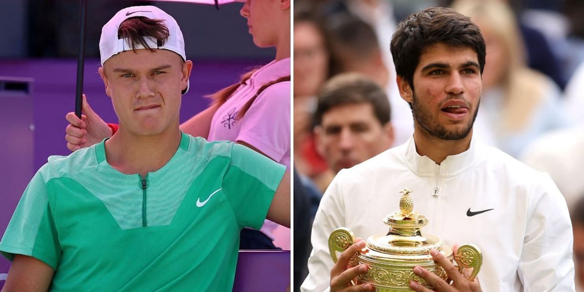 Holger Rune(left) and Carlos Alcaraz with the 2023 Wimbledon trophy(right)