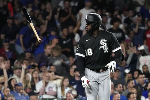 Chicago White Sox's Luis Robert Jr. flips his bat after hitting a solo home run against the Chicago Cubs during the seventh inning of a baseball game in Chicago, Tuesday, Aug. 15, 2023. (AP Photo/Nam Y. Huh)