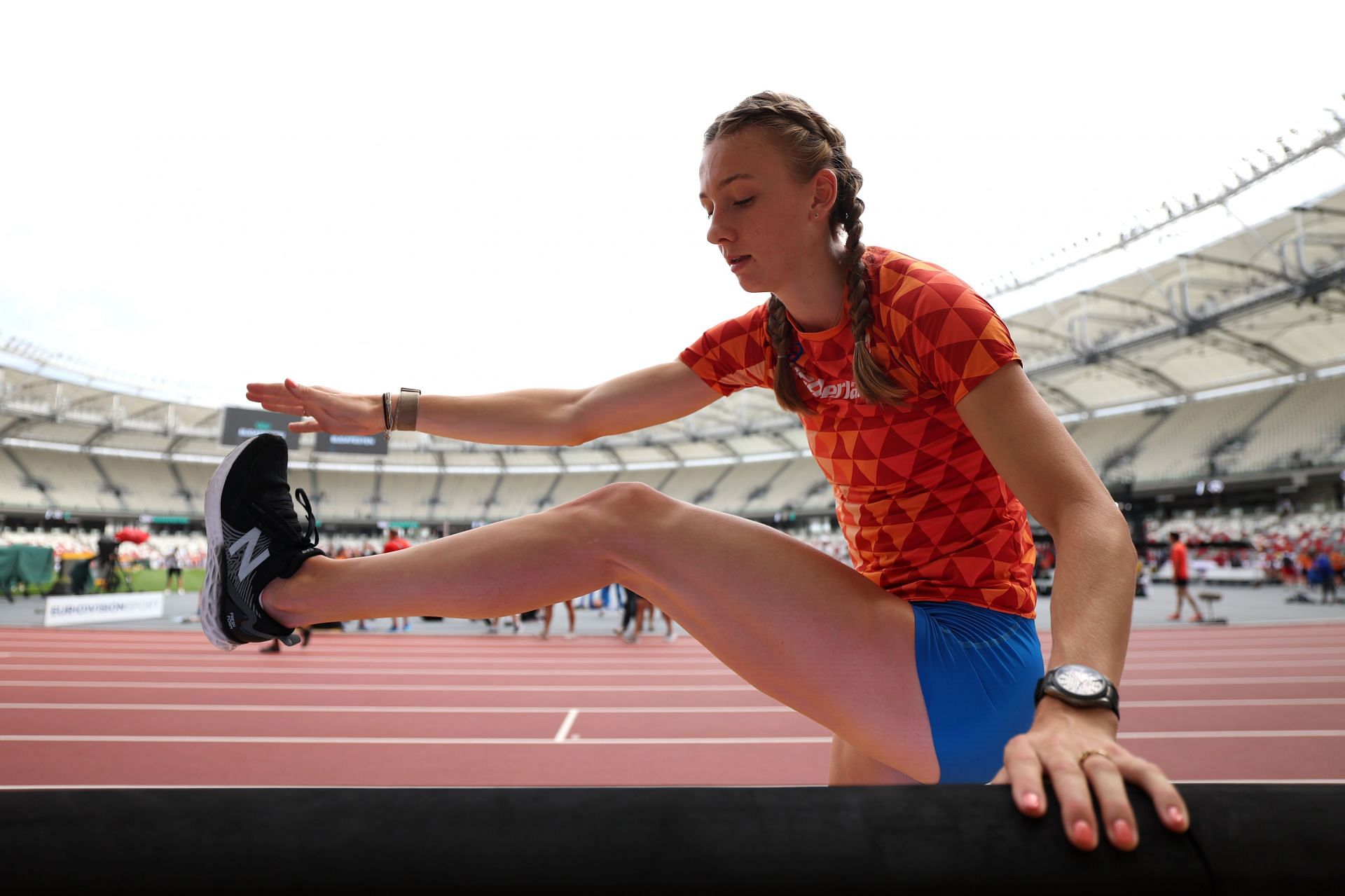 Femke Bol warms up during the training session ahead of the 2023 World Athletics Championships in Budapest, Hungary