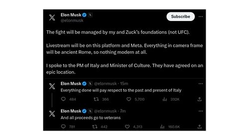 Elon Musk's tweets about fighting Mark Zuckerberg