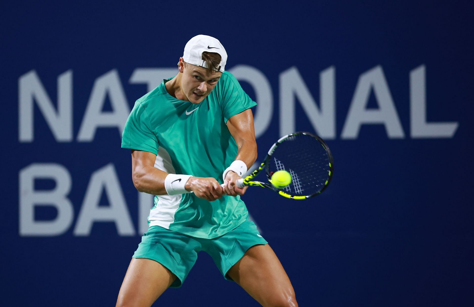 Holger Rune in action at the Canadian Open