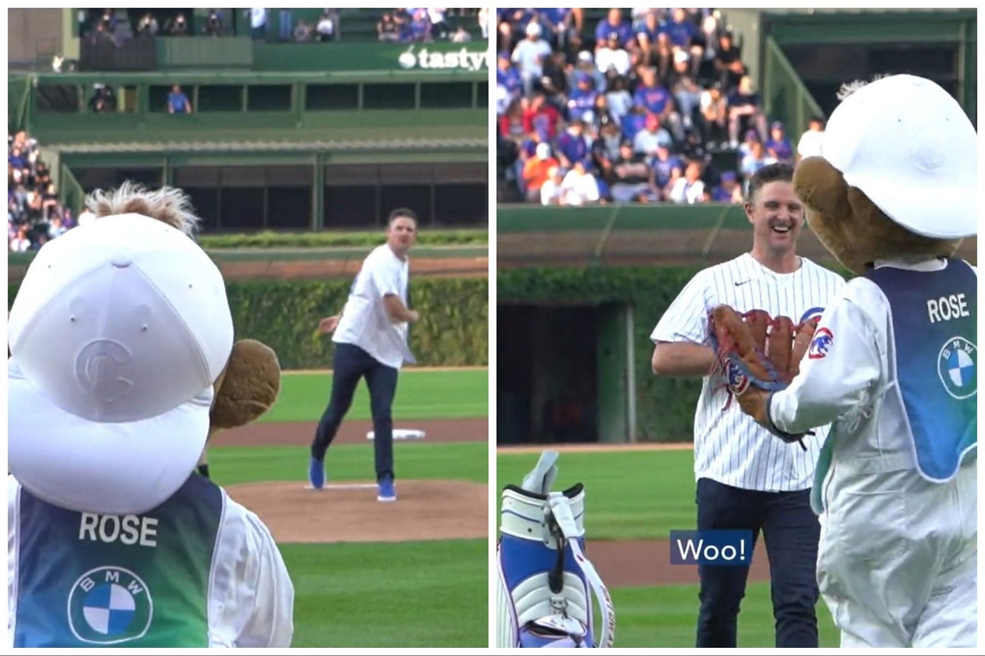 Justin Rose made the ceremonial pitch at the Chicago Cubs versus White Sox match( Image via PGA Tour)