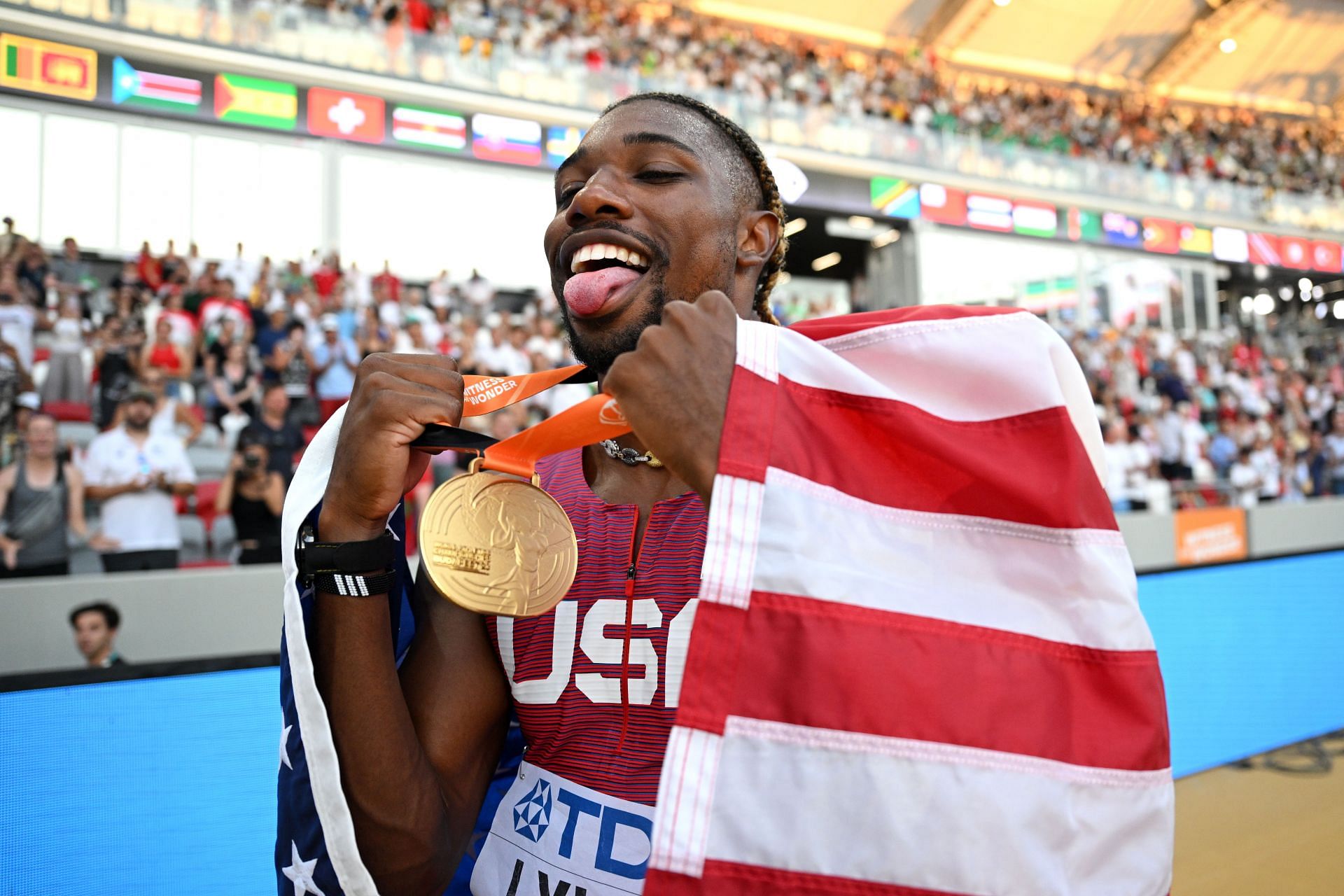 Noah Lyles celebrates after winning a gold medal in the men&#039;s 100m final at the 2023 World Athletics Championships in Budapest, Hungary