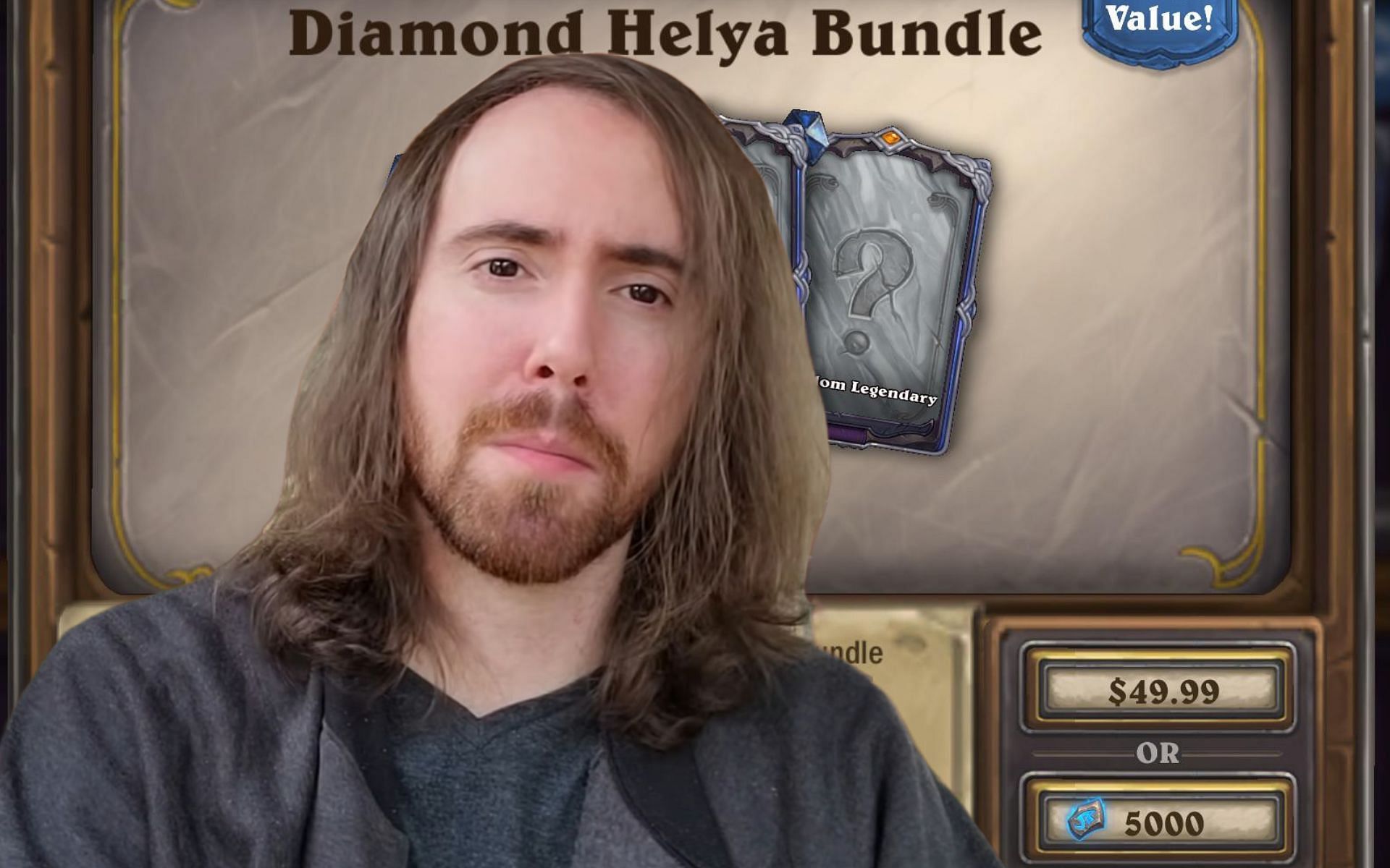Asmongold discusses new Hearthstone card bundle (Image via Asmongold/YouTube, Hearthstone, and Sportskeeda)