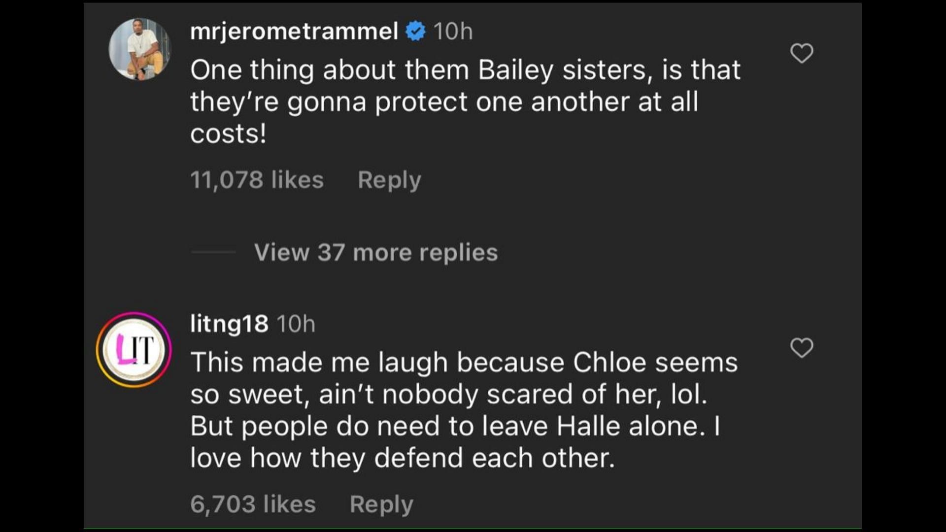 Screenshot of an Internet user remarking on Chloe defending Halle Bailey. (Photo via The Shade Room/Instagram)