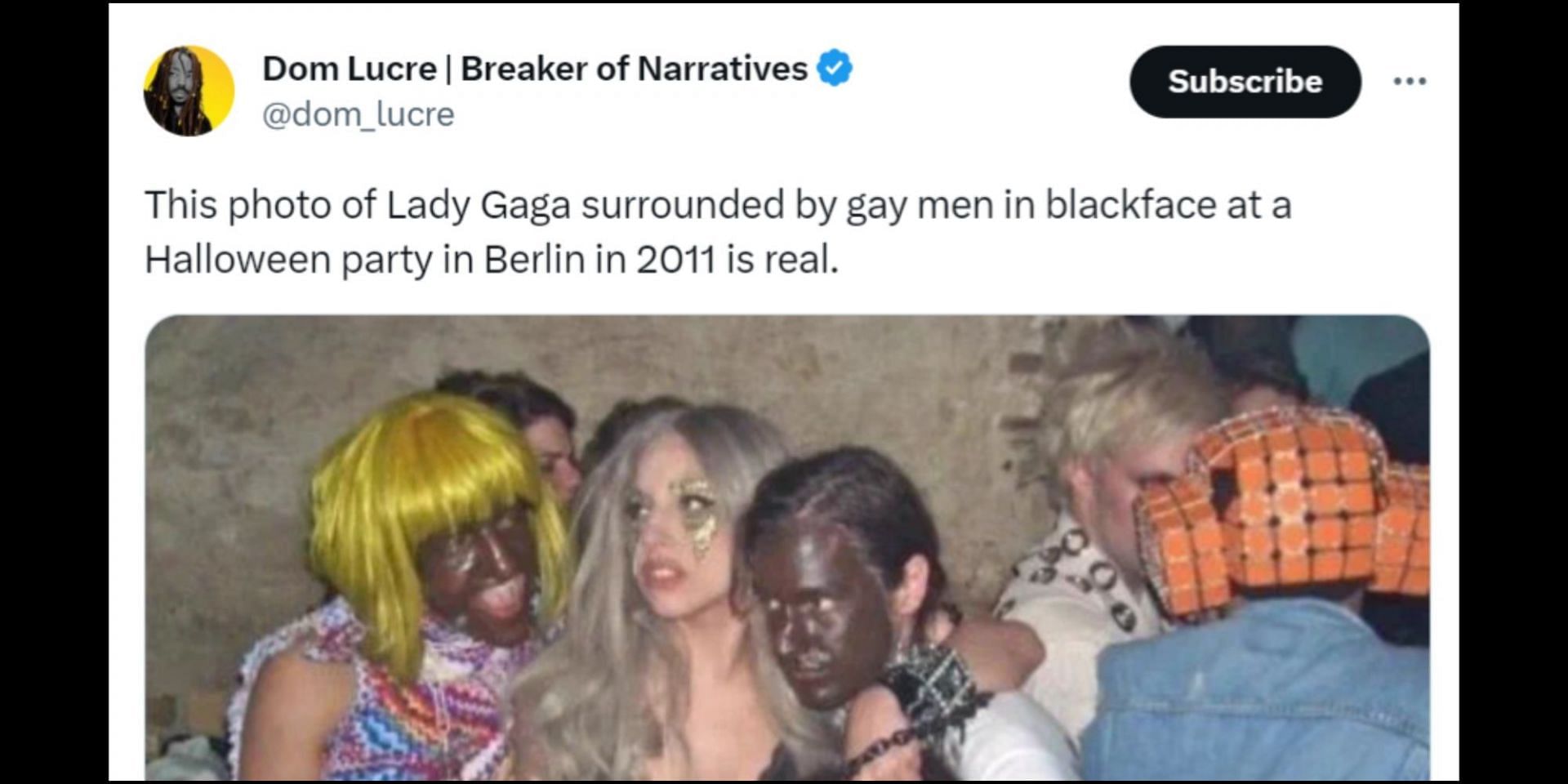 Internet user claims Lady Gaga poses in a photo with gay men wearing Blackface makeup. (Image via X/Dom Lucre)