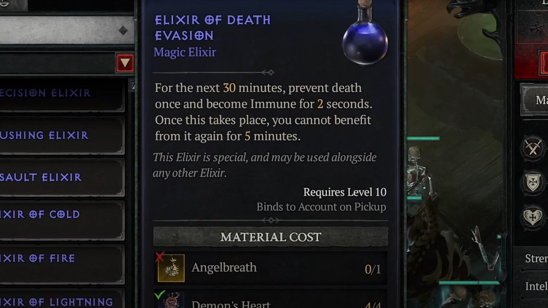 Use the Elixir of Death Evasion in Diablo 4 hardcore mode (Image via Blizzard Entertainment)