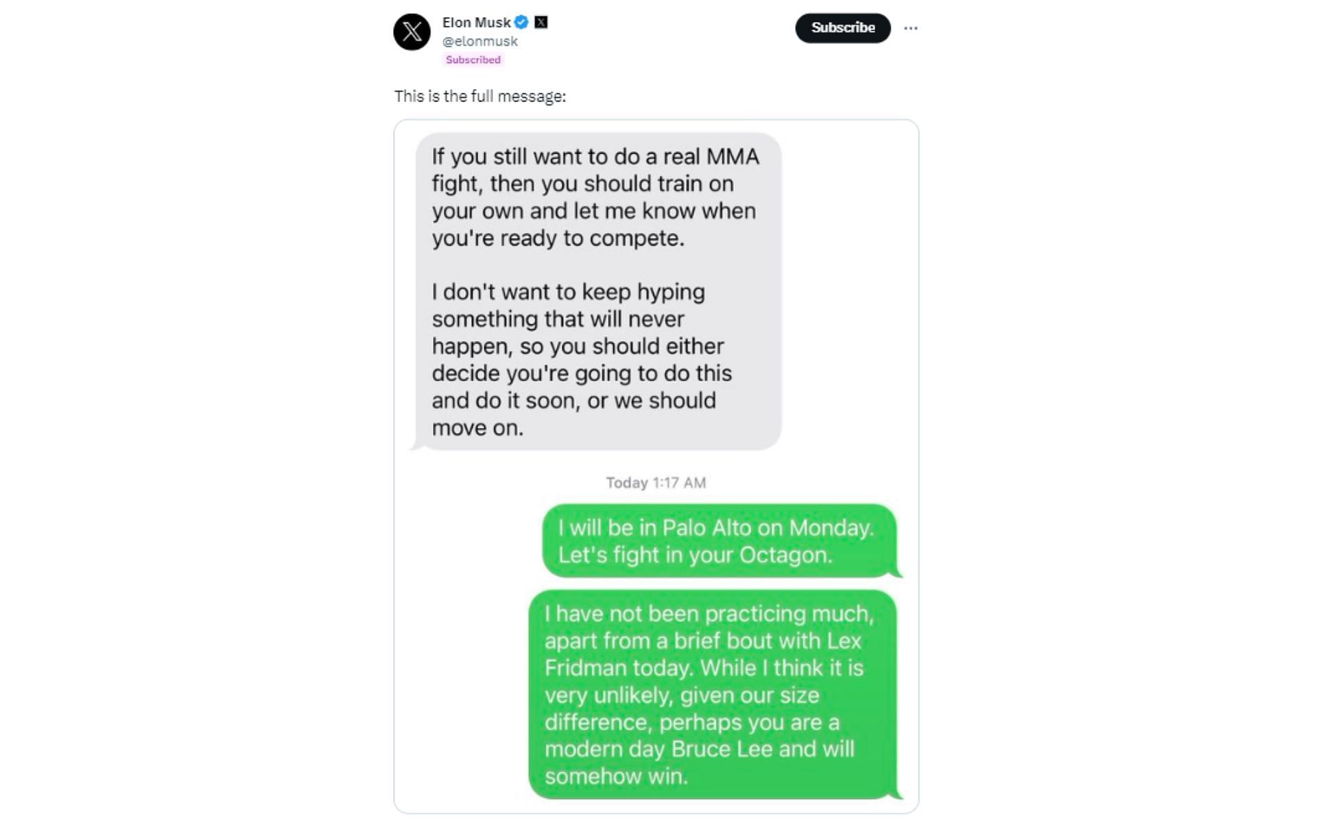 Screenshot of Elon Musk&#039;s texts with Mark Zuckerberg