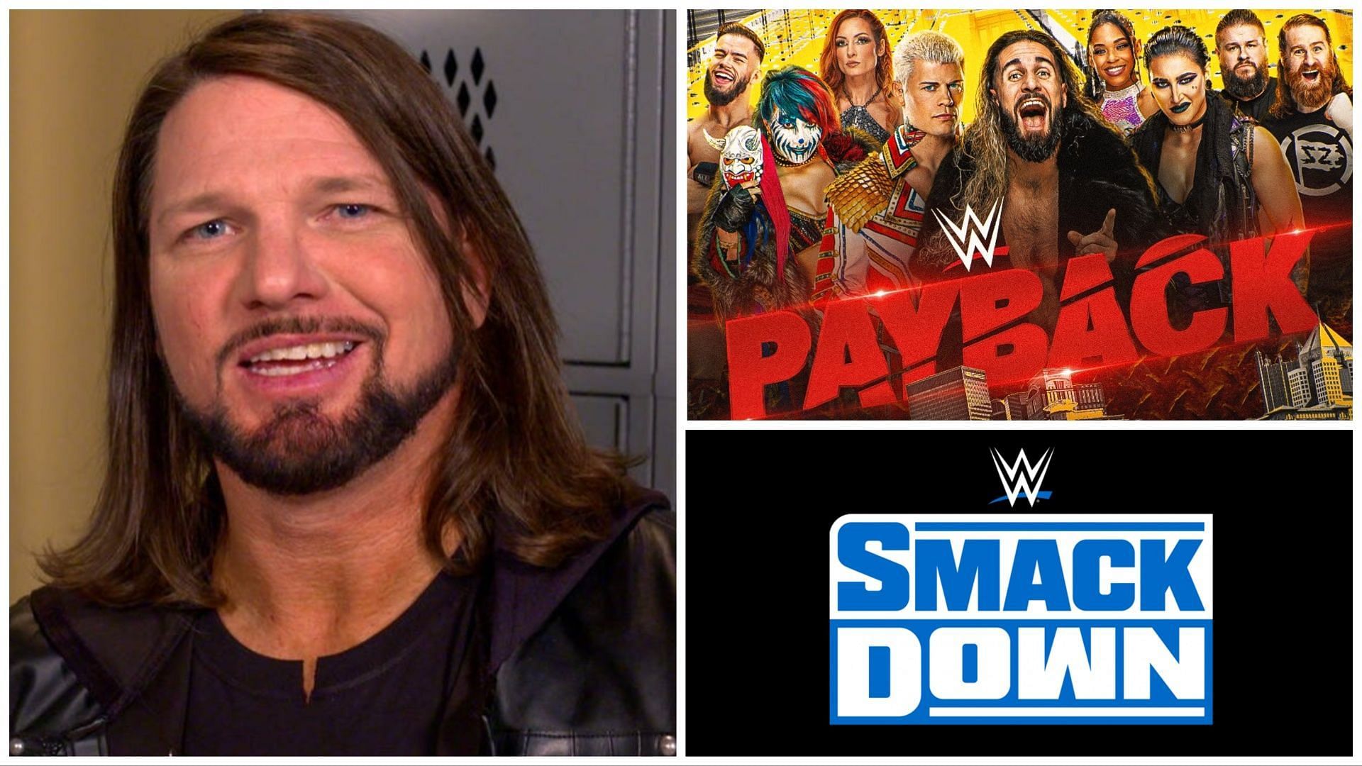 AJ Styles (L), WWE Payback promotional ad (Upper R), WWE SmackDown logo (Lower R)