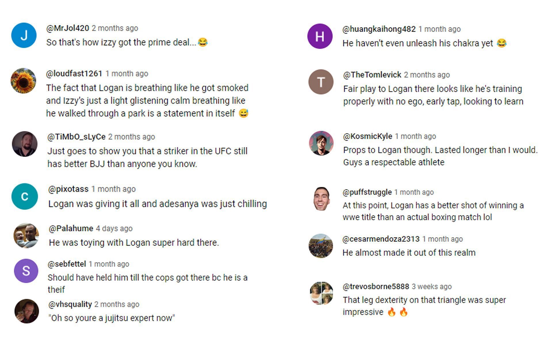 Fan reactions on Israel Adesanya and Logan Paul&#039;s grappling session [via @TheMacLife YouTube channel]